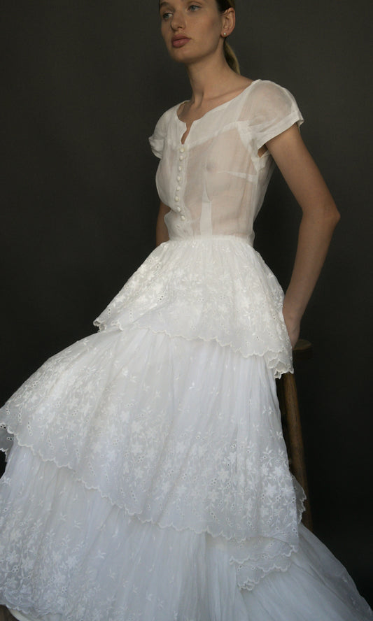 1930s/40s white organdy embroidered eyelet lace gown