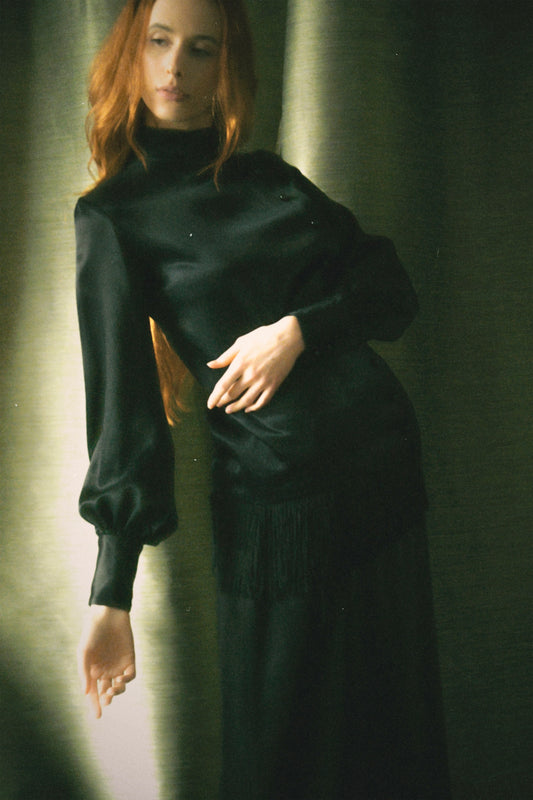 yves saint laurent automne hiver 1968 black satin fringe tunic