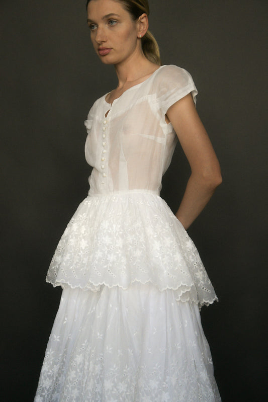 1930s/40s white organdy embroidered eyelet lace gown