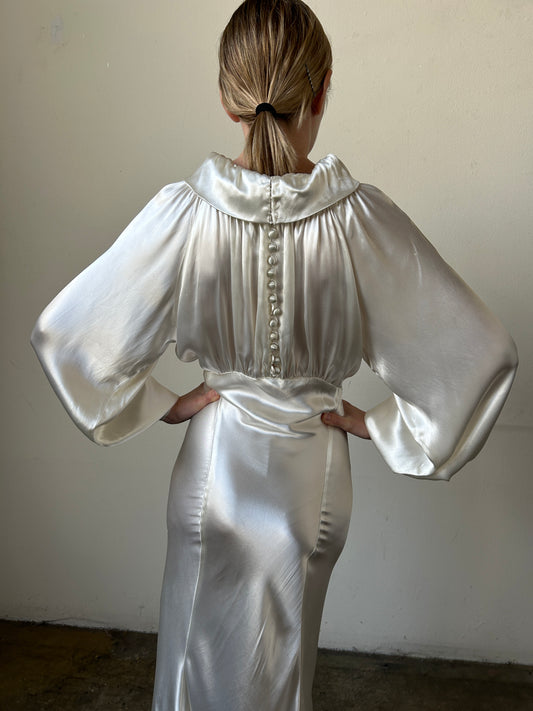 1930s white liquid satin bias cut dress