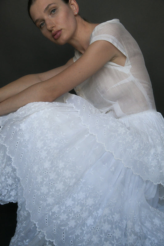 1930s/40s white organdy embroidered eyelet lace gown
