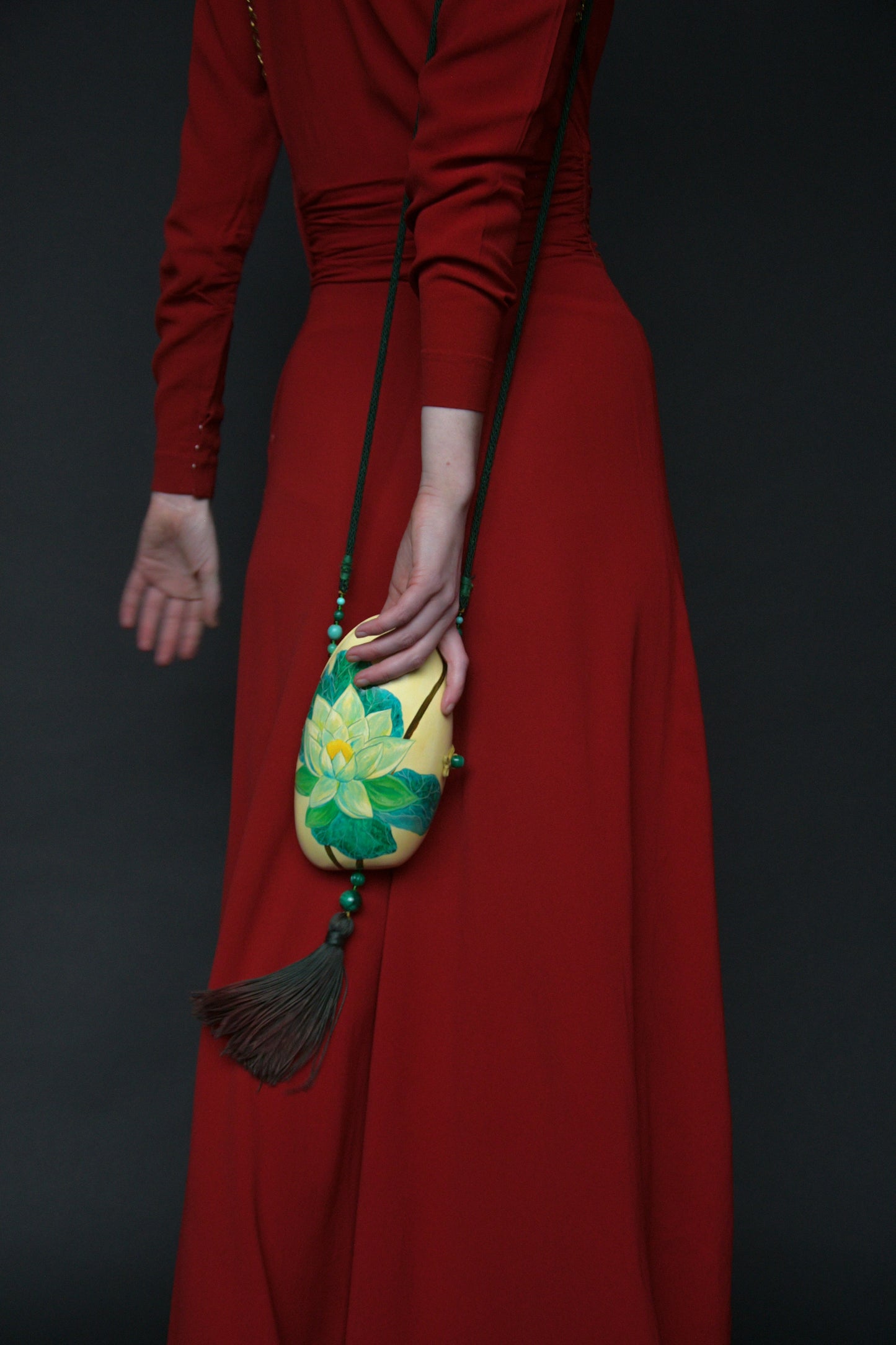 hand painted lotus flower tassel purse