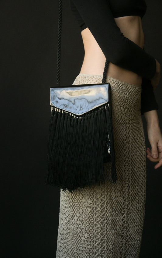 yves saint laurent black patent leather fringe purse