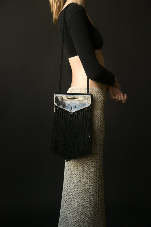 yves saint laurent black patent leather fringe purse