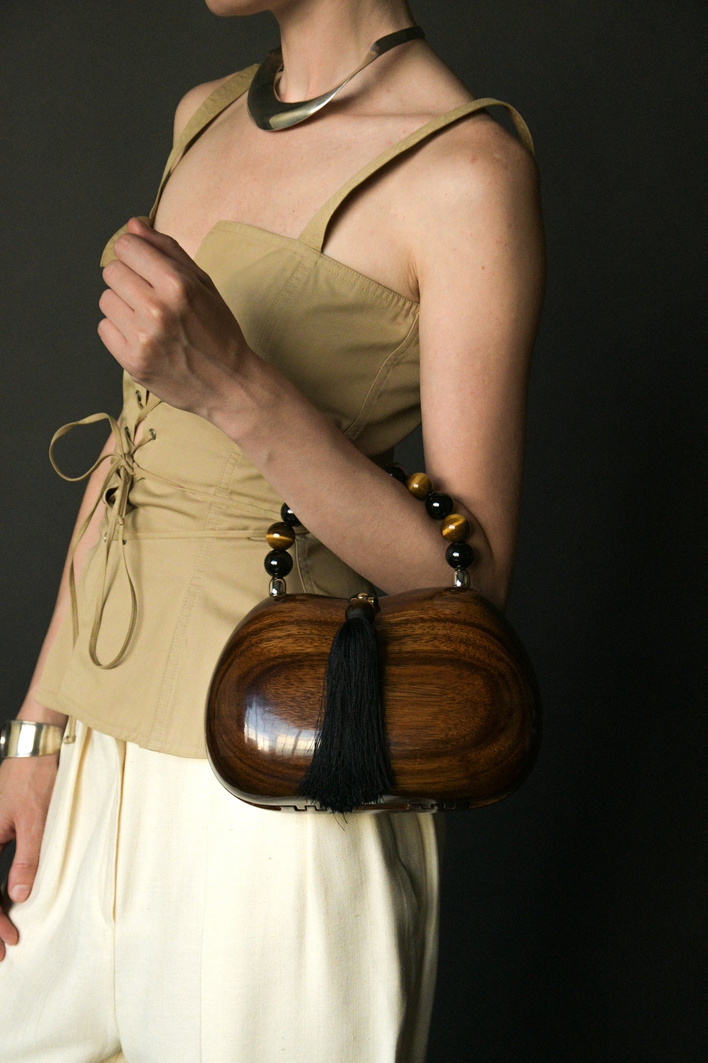 wooden beaded top handle tassel purse