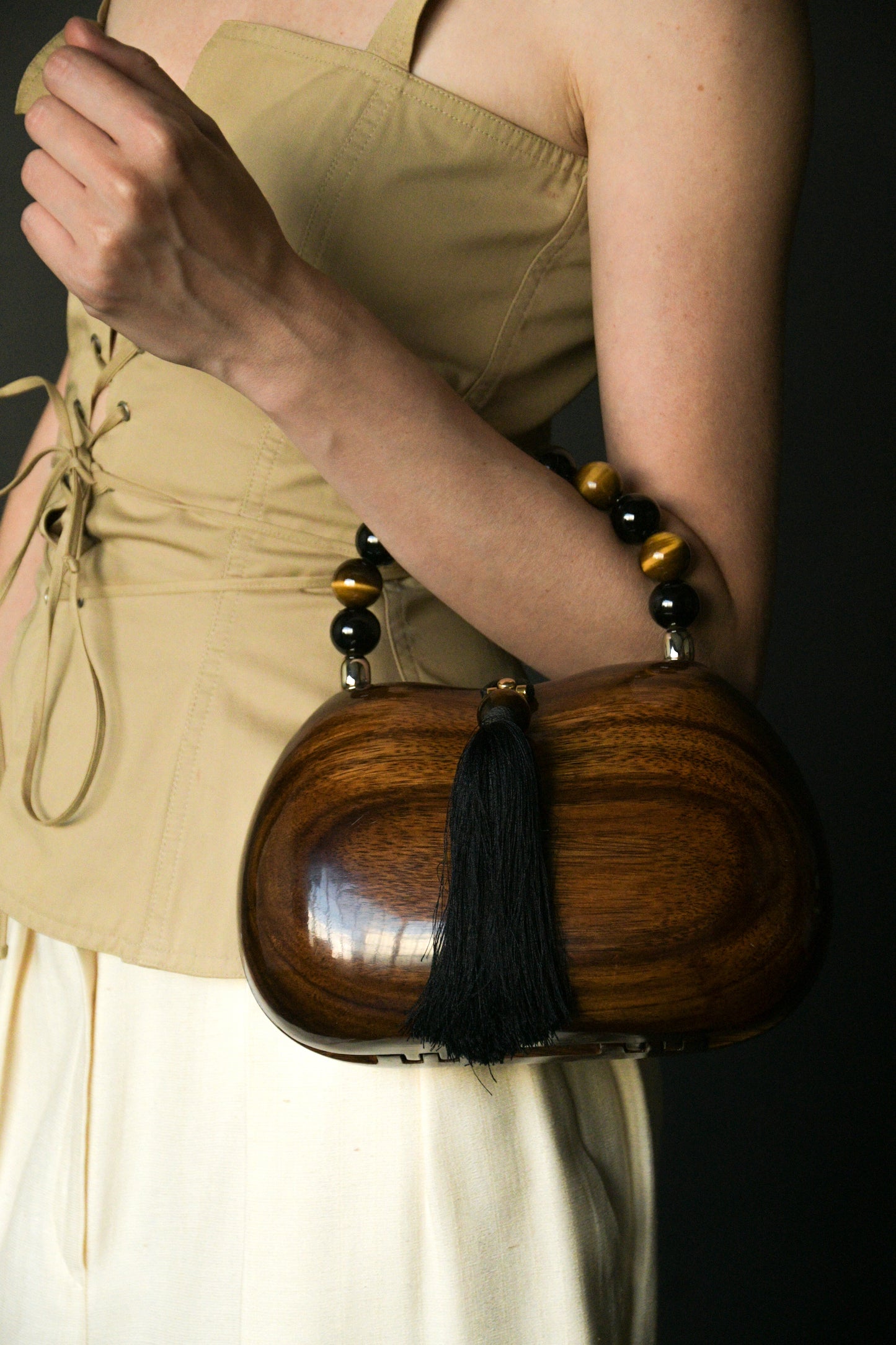 wooden beaded top handle tassel purse