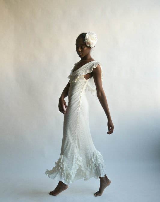 christian dior white ruffle bias dress