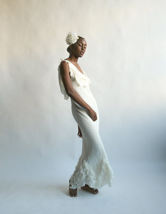 christian dior white ruffle bias dress
