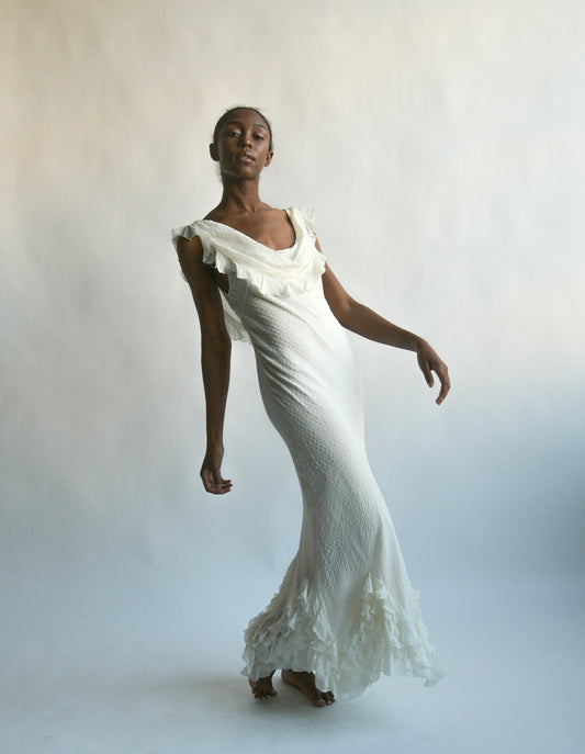 christian dior white ruffle bias dress