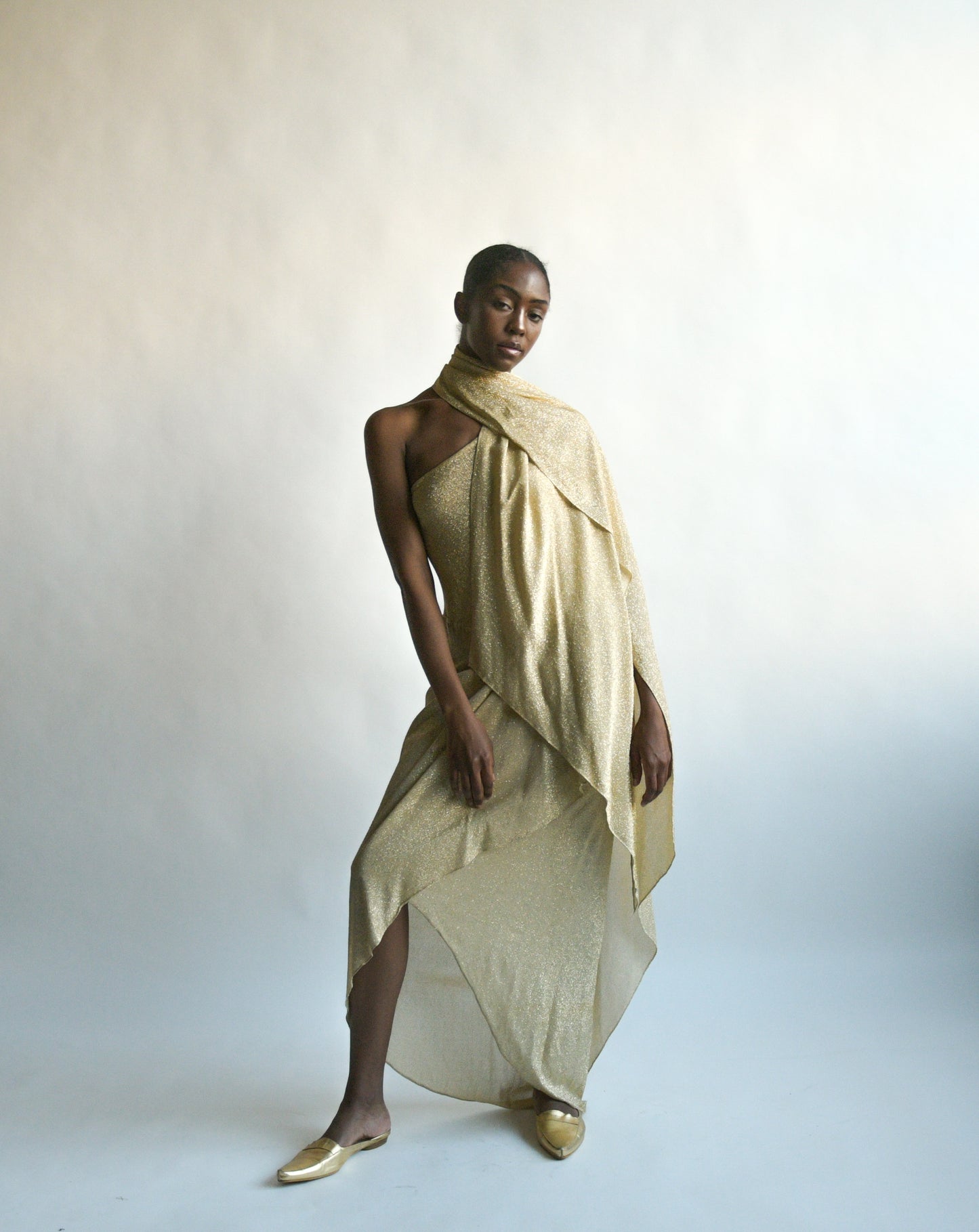 1970s halston lamé one shoulder dress