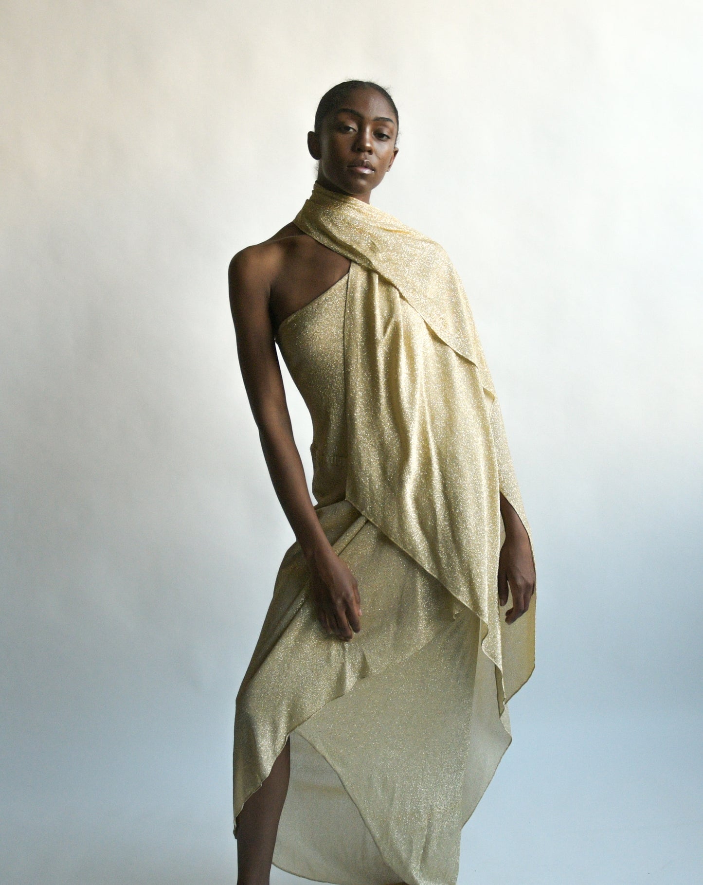 1970s halston lamé one shoulder dress