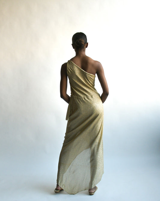1970s halston lamé one shoulder dress