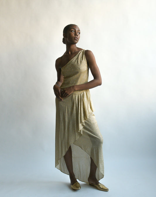 1970s halston lamé one shoulder dress