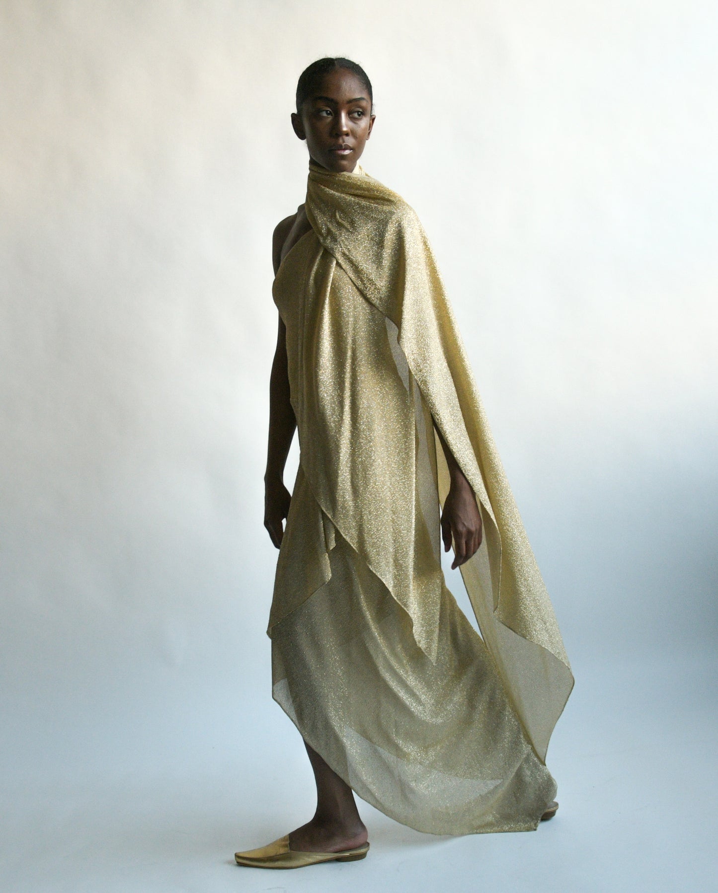 1970s halston lamé one shoulder dress