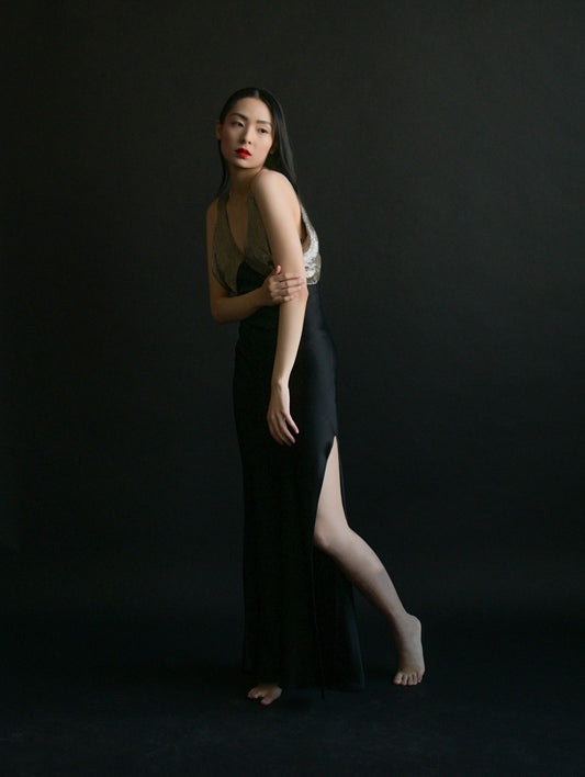 2001 christian dior black satin beaded gown