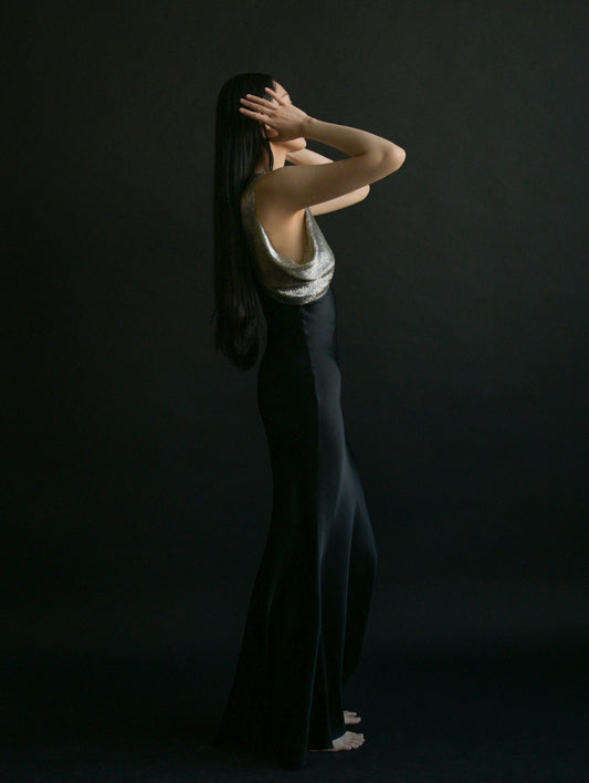 2001 christian dior black satin beaded gown
