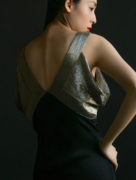 2001 christian dior black satin beaded gown