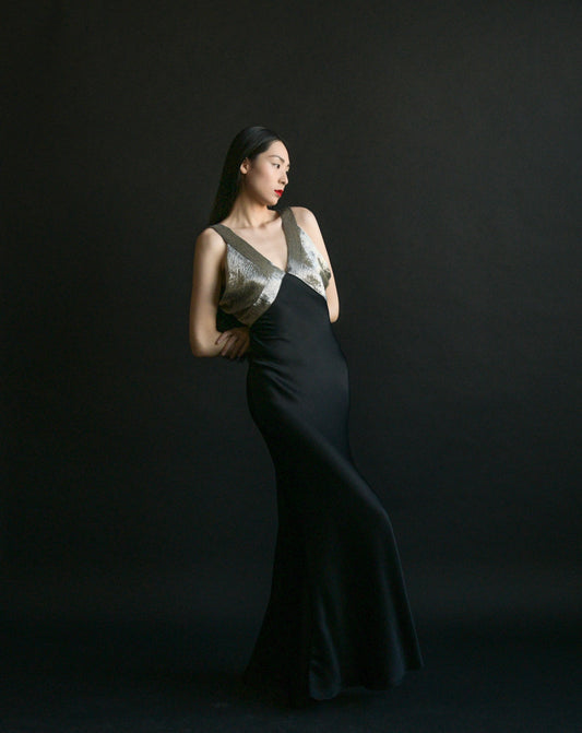 2001 christian dior black satin beaded gown