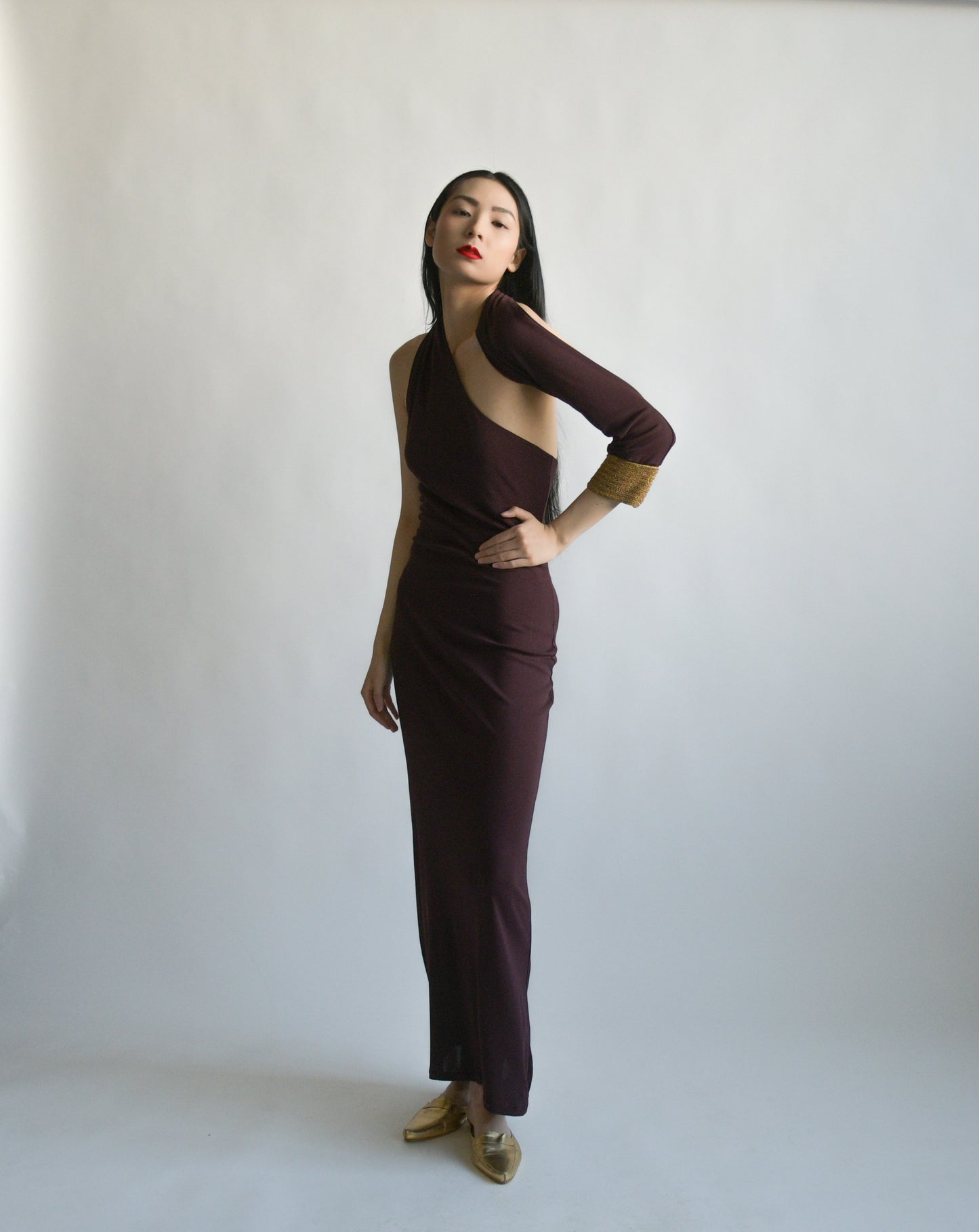gianfranco ferre eggplant single sleeve dress