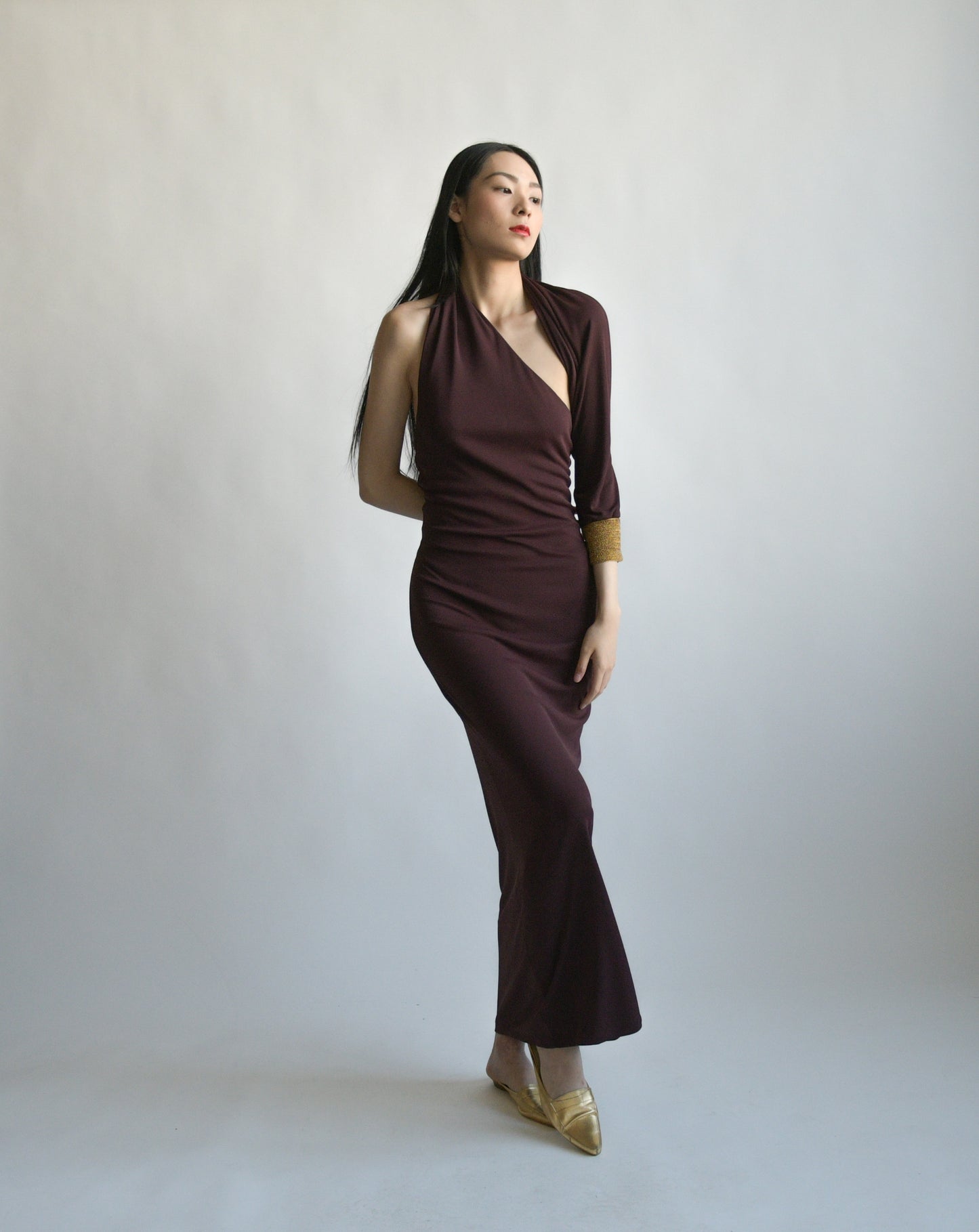 gianfranco ferre eggplant single sleeve dress