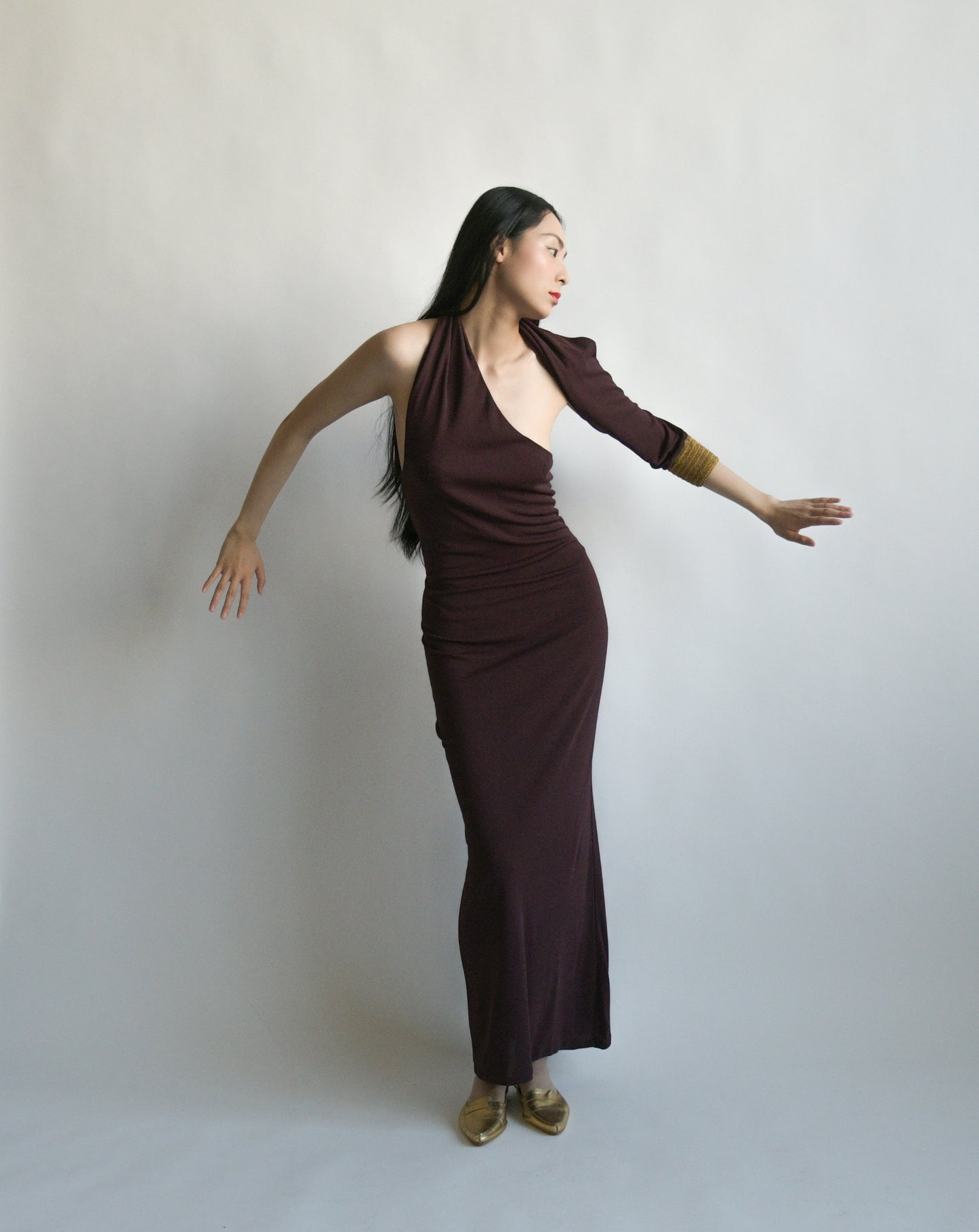 gianfranco ferre eggplant single sleeve dress