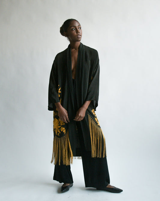 1920s black embroidered fringe kimono