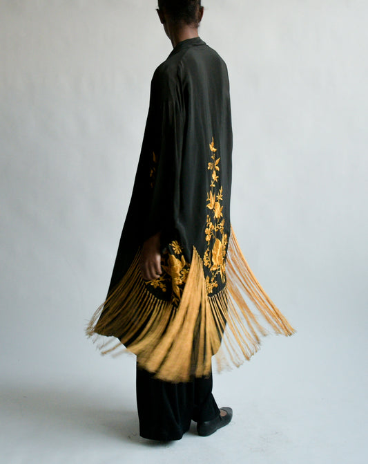 1920s black embroidered fringe kimono