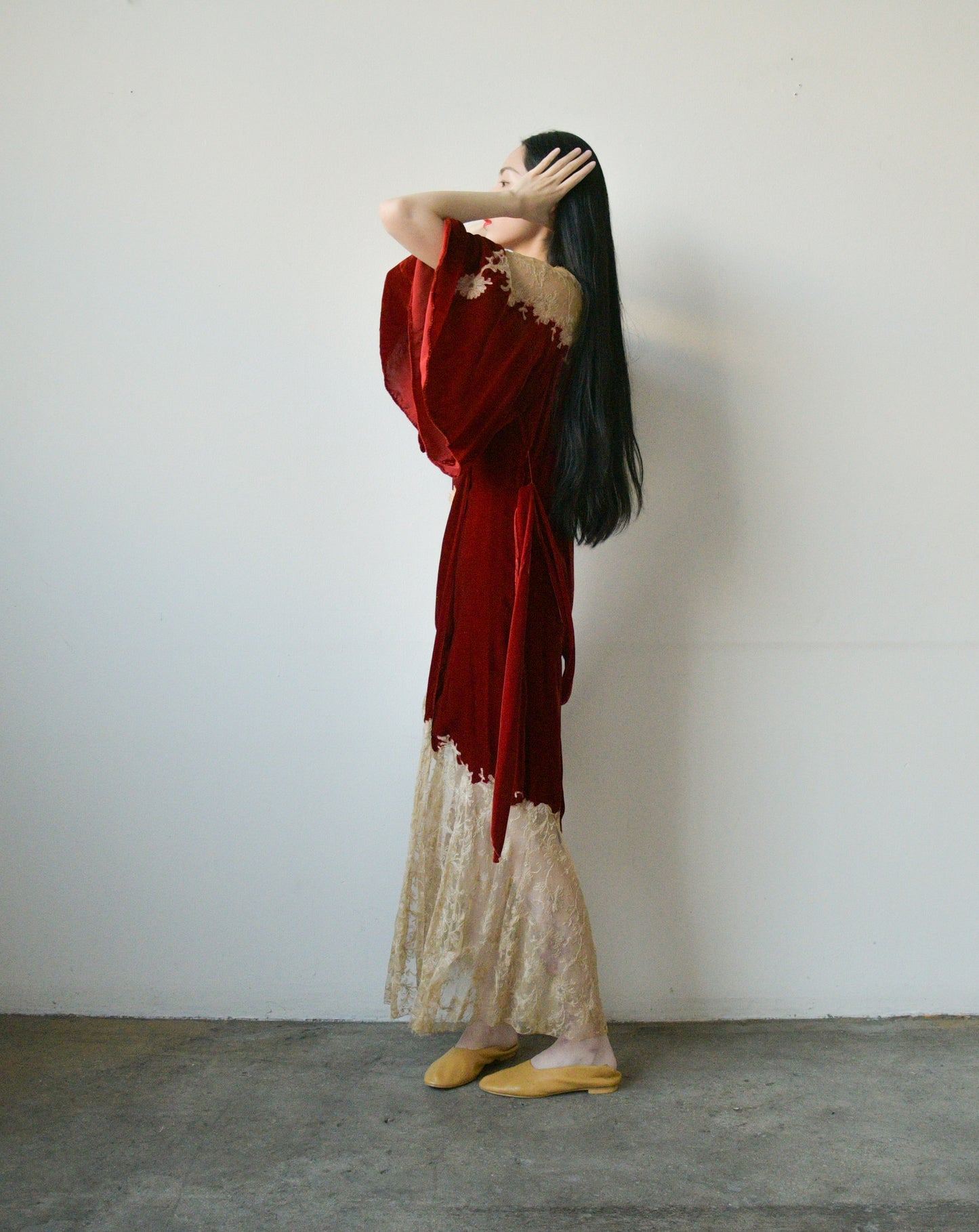 1930s crimson devore tambour lace dress