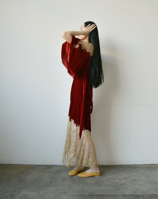 1930s crimson devore tambour lace dress