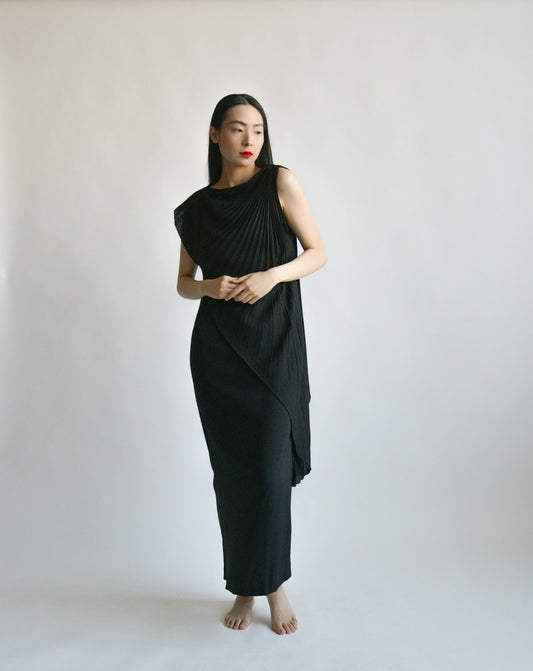 andre laug black silk pleated dress