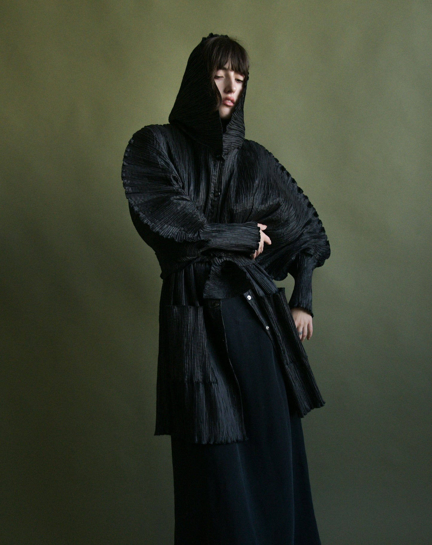 plisse hooded trench coat