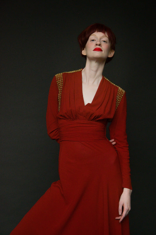 1930s crimson grommetted crepe dress