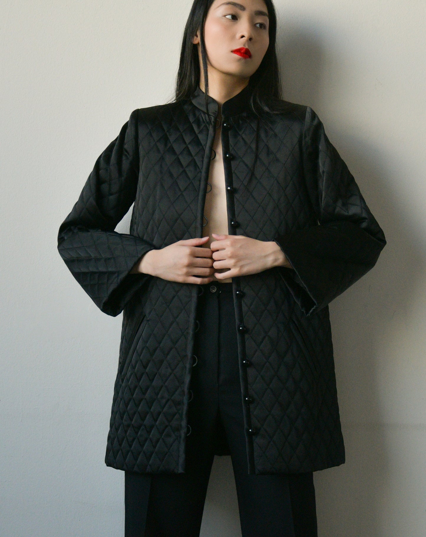 fw 1975 yves saint laurent black quilted coat