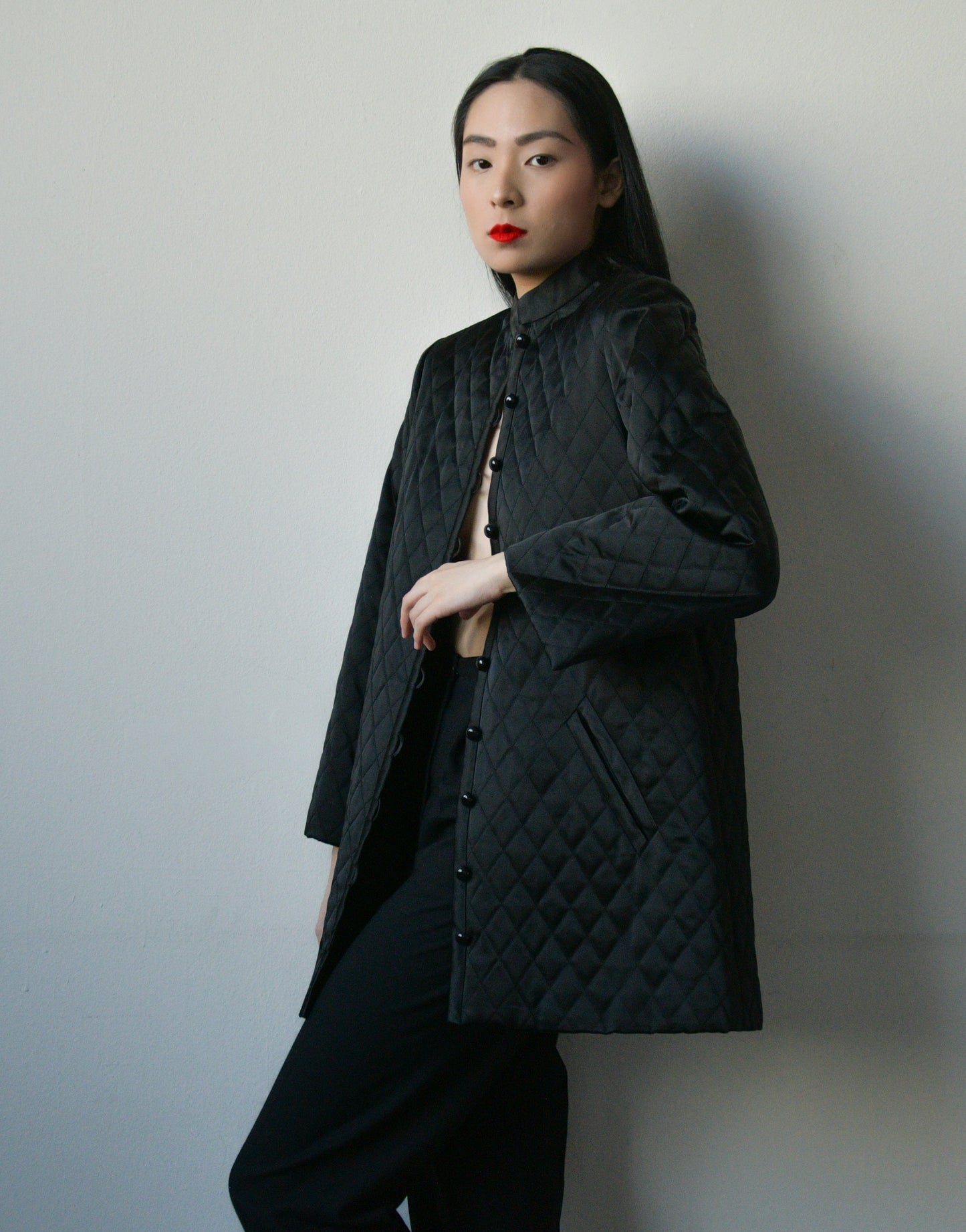 fw 1975 yves saint laurent black quilted coat