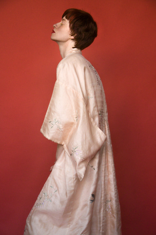 antique silk pink hand embroidered kimono