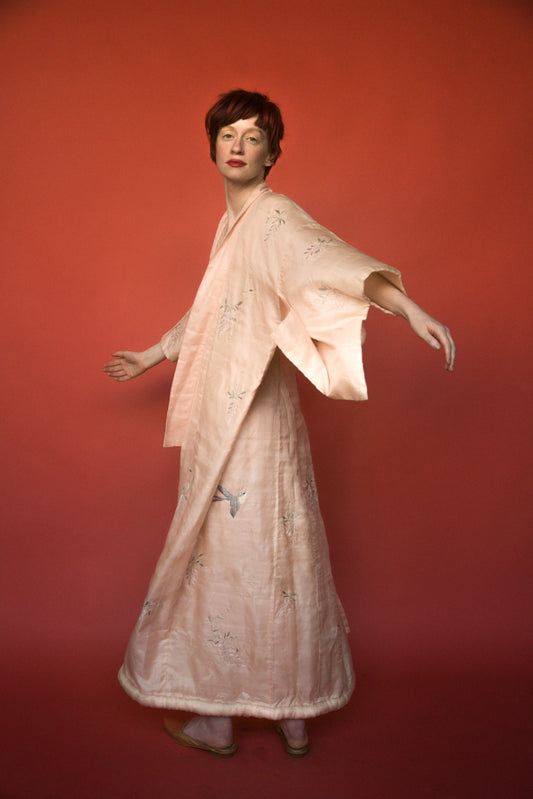 antique silk pink hand embroidered kimono