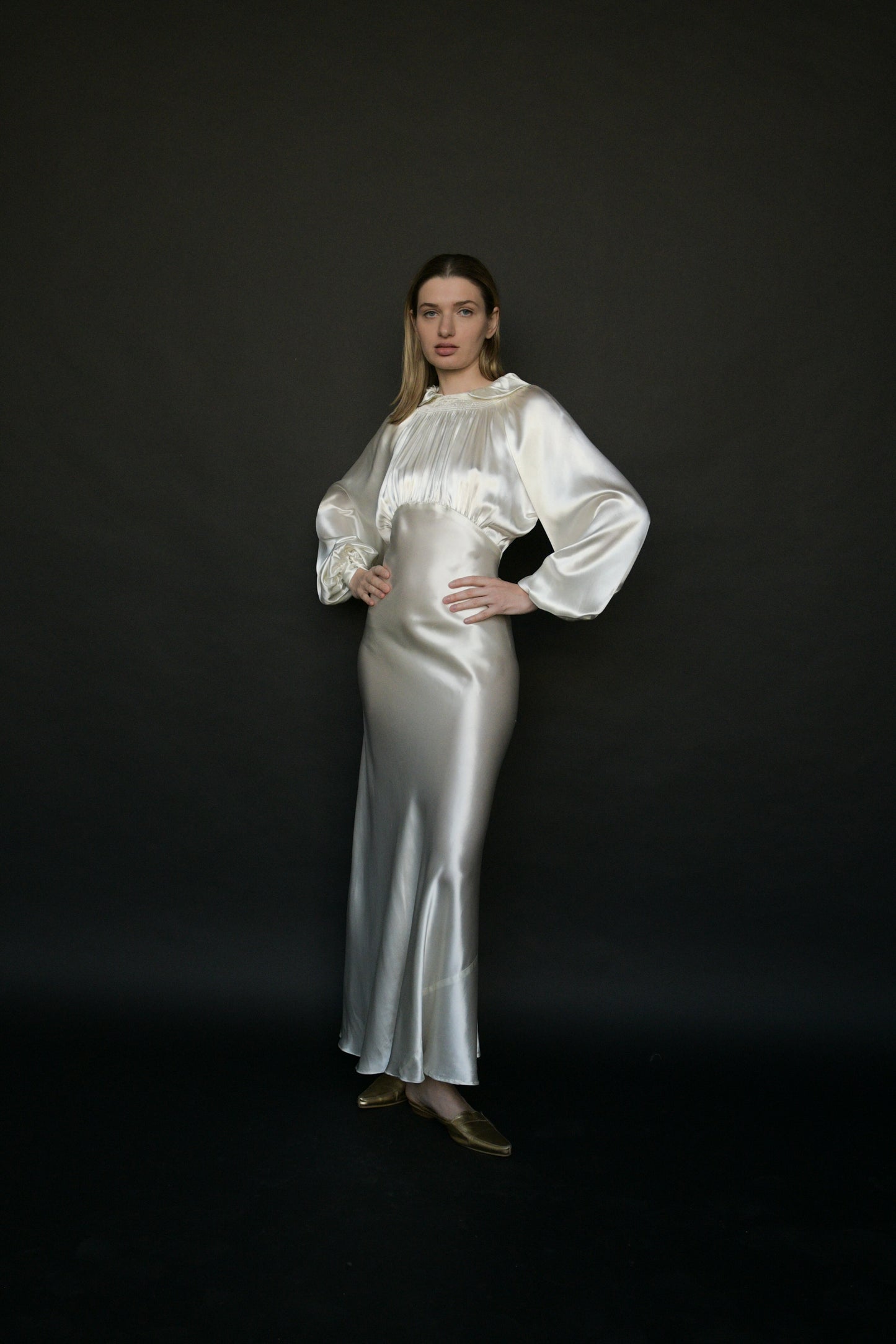 1930s white liquid satin bias cut dress
