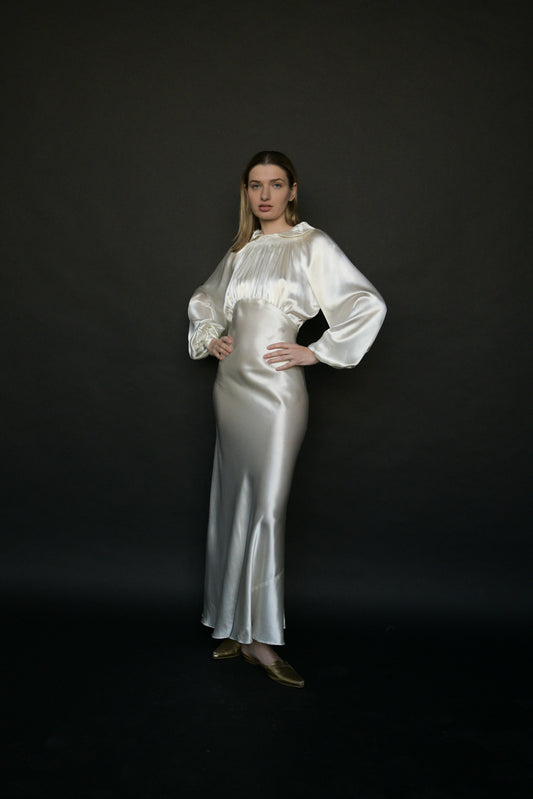 1930s white liquid satin bias cut dress