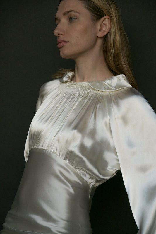 1930s white liquid satin bias cut dress