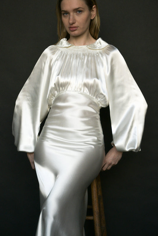 1930s white liquid satin bias cut dress