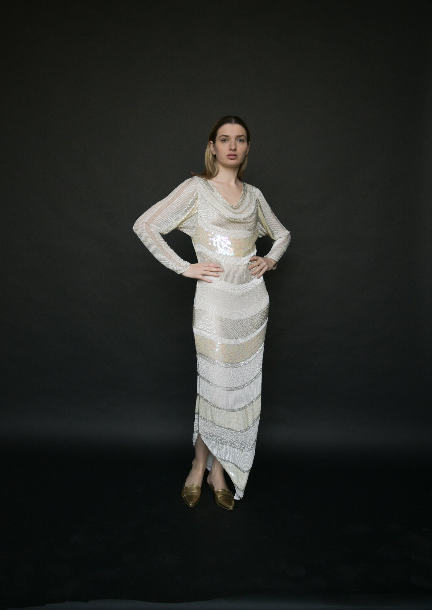 white silk beaded sequin column dress