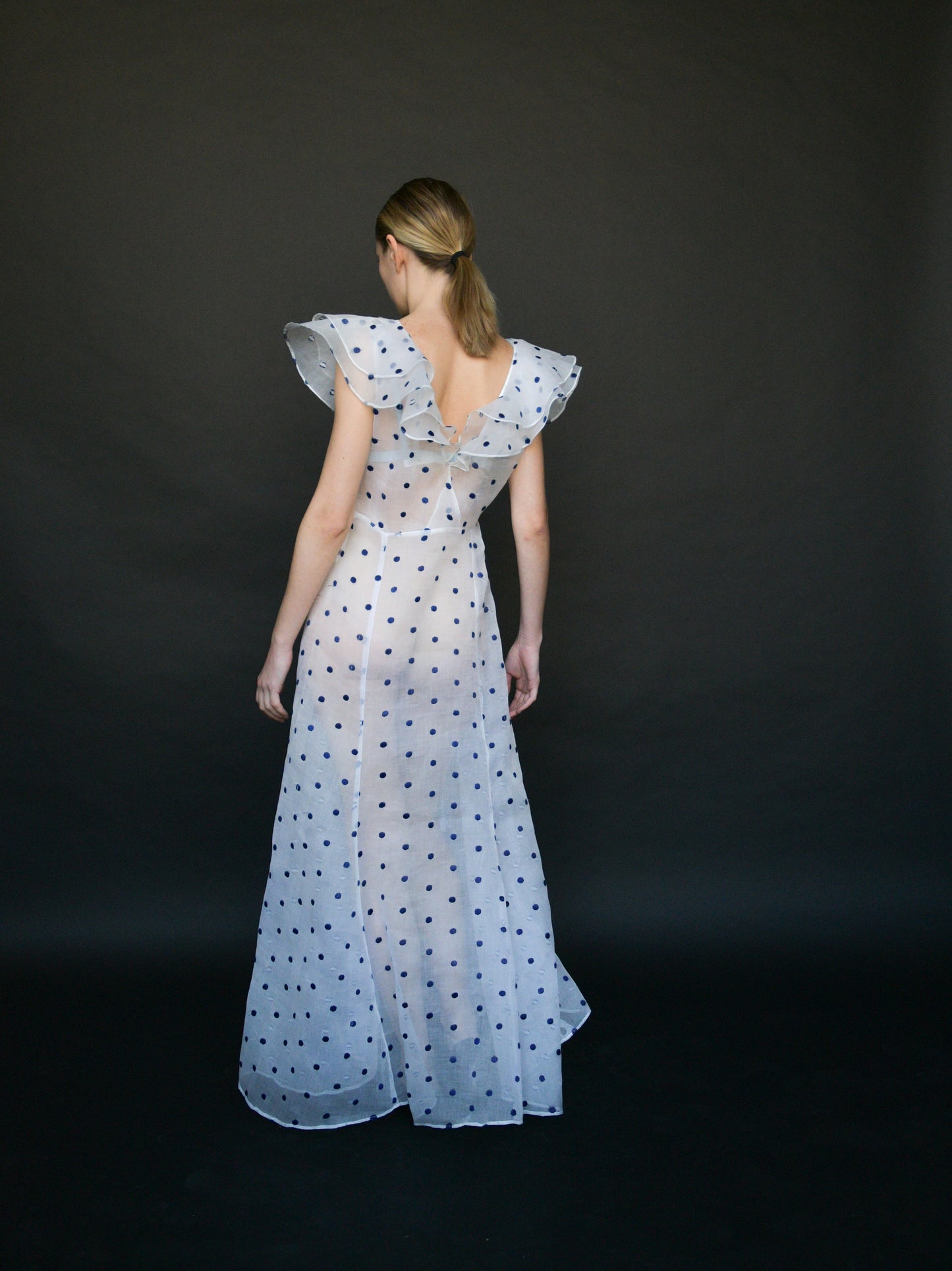 1930s white organdy embroidered dot ruffle dress