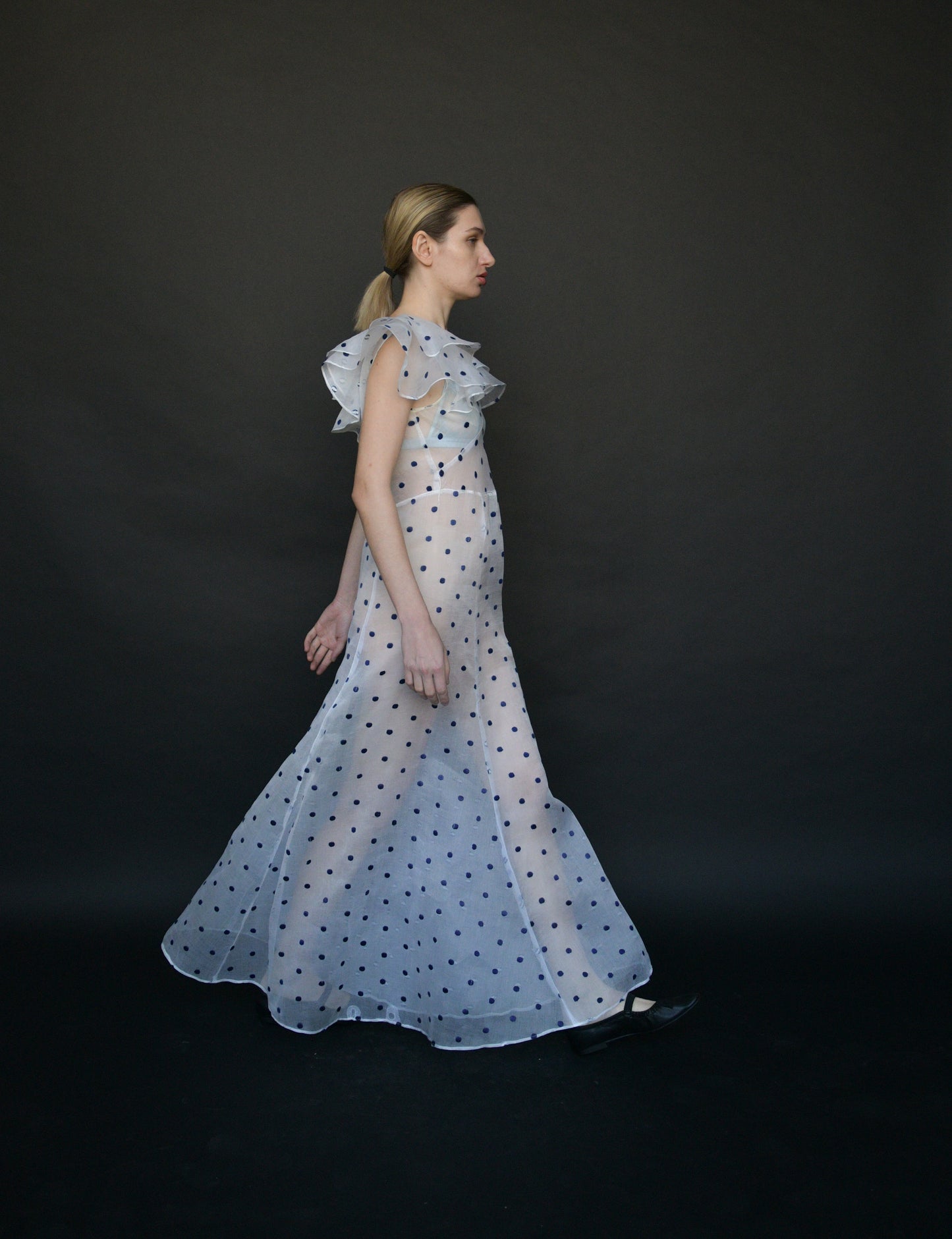 1930s white organdy embroidered dot ruffle dress