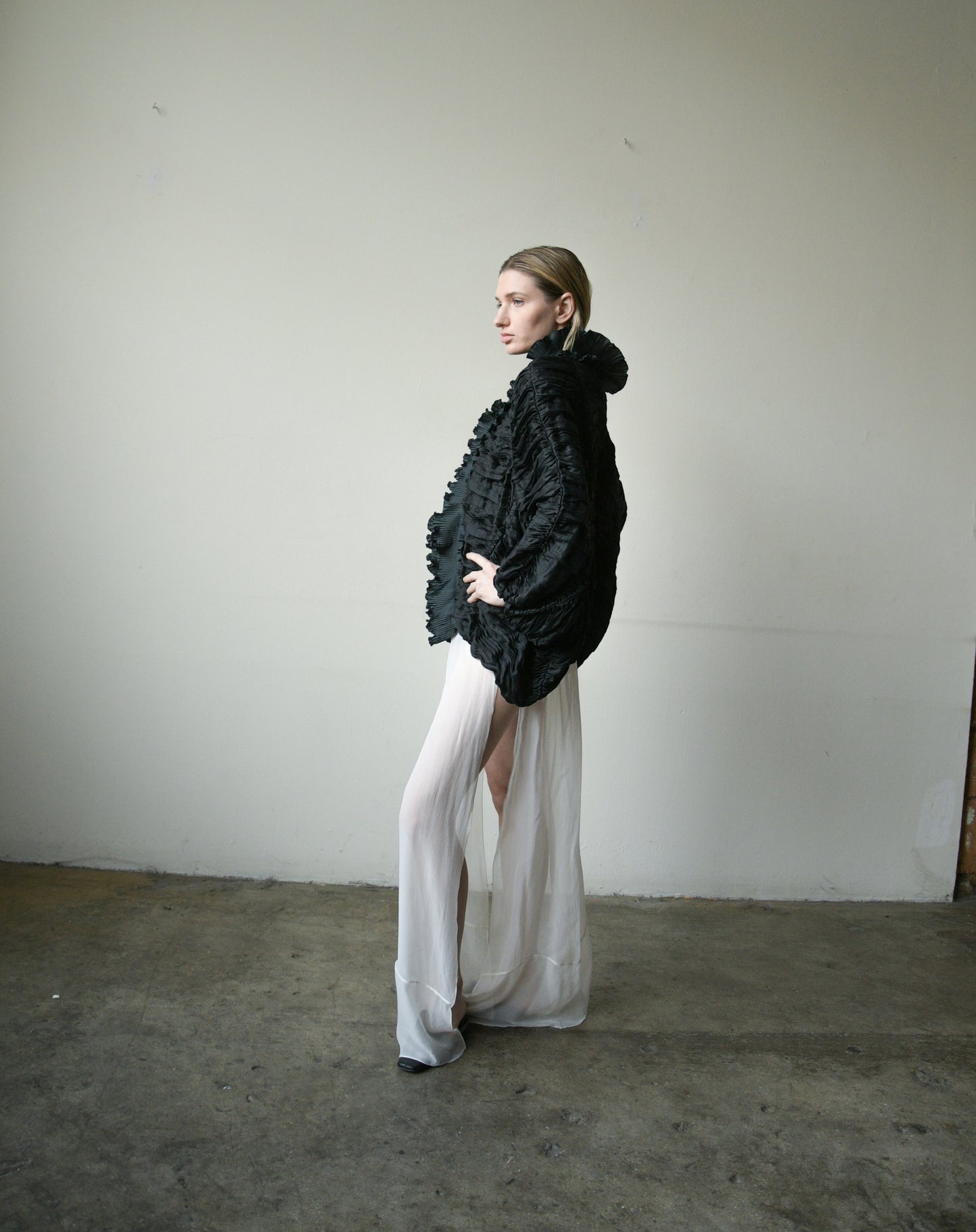 krizia black silk plisse ruffle bomber jacket