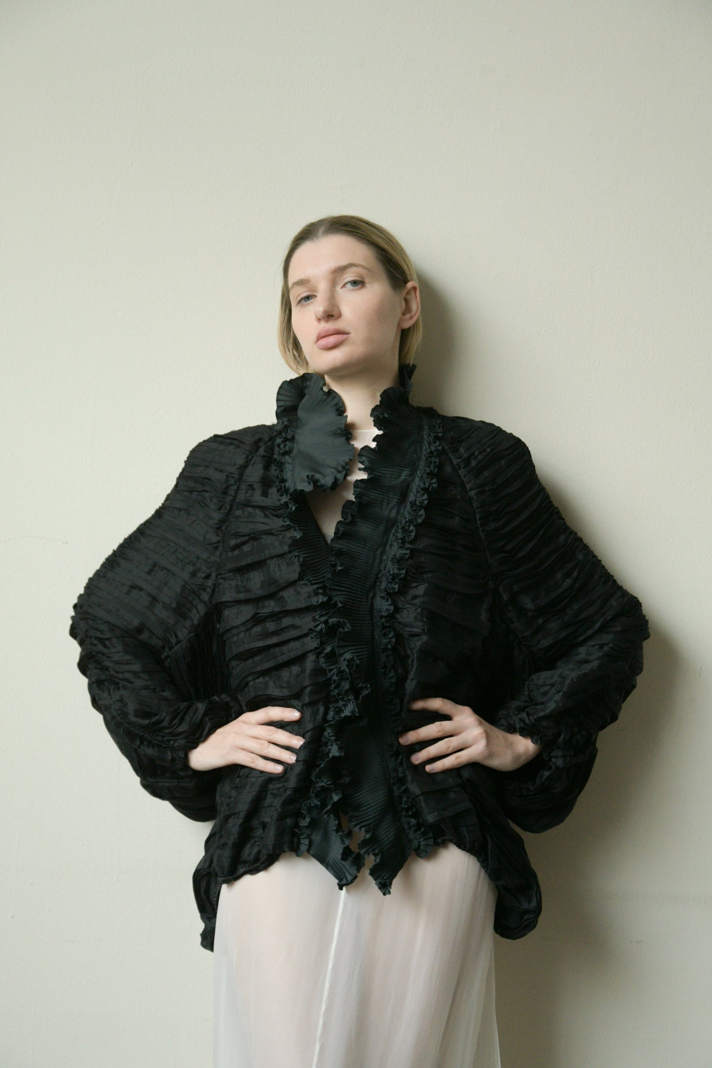 krizia black silk plisse ruffle bomber jacket