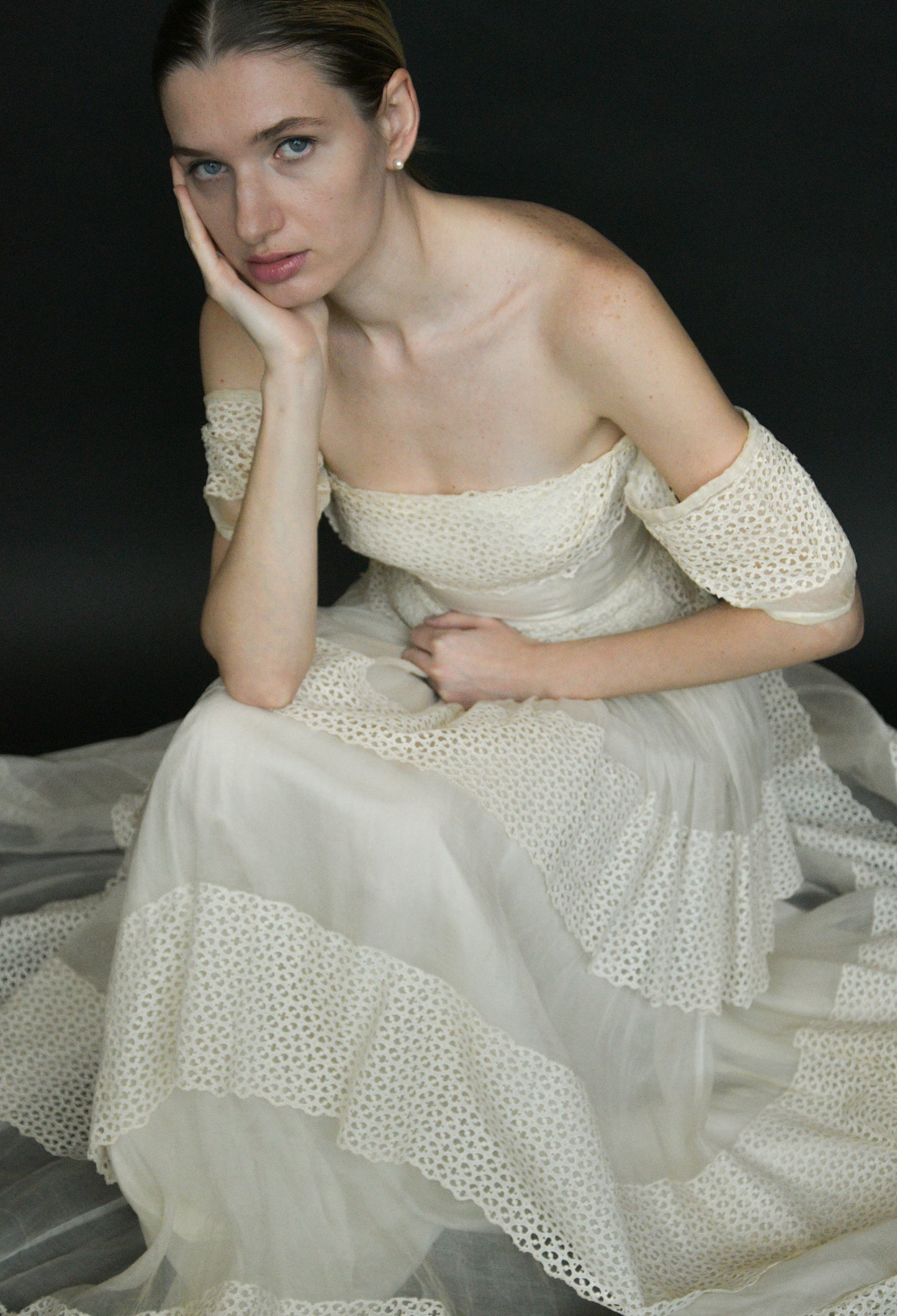 1940s white cutwork lace organdy gown