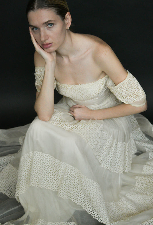 1940s white cutwork lace organdy gown