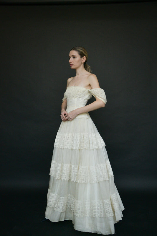 1940s white cutwork lace organdy gown