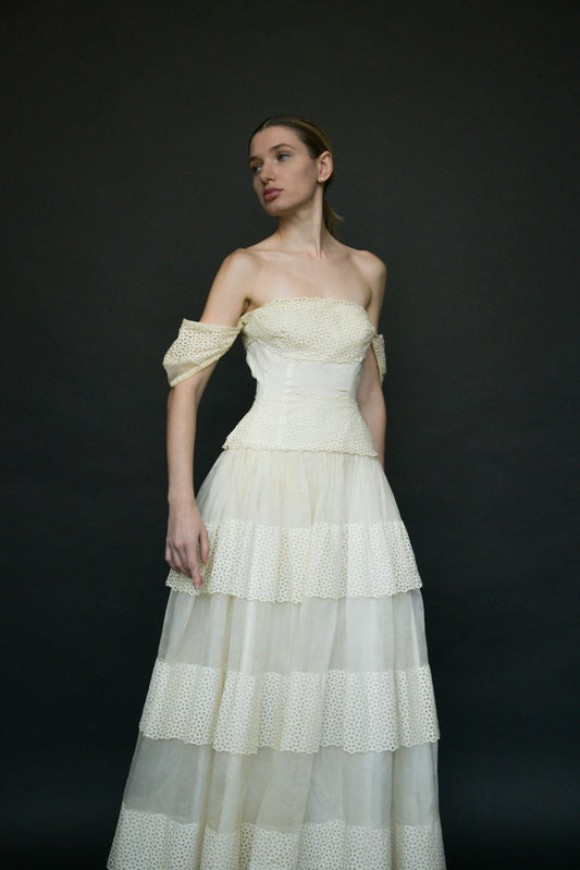 1940s white cutwork lace organdy gown