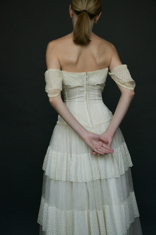 1940s white cutwork lace organdy gown